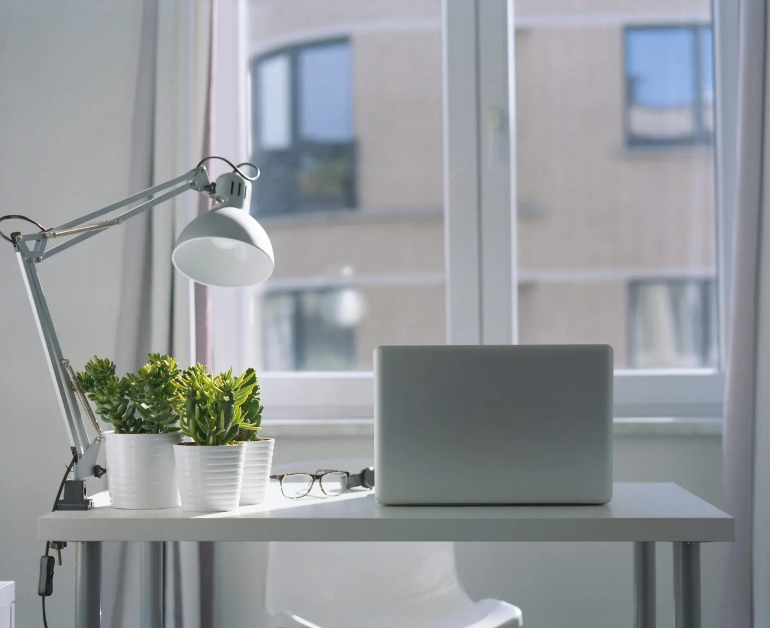 Laptop, desk lamp and plants on an office desk